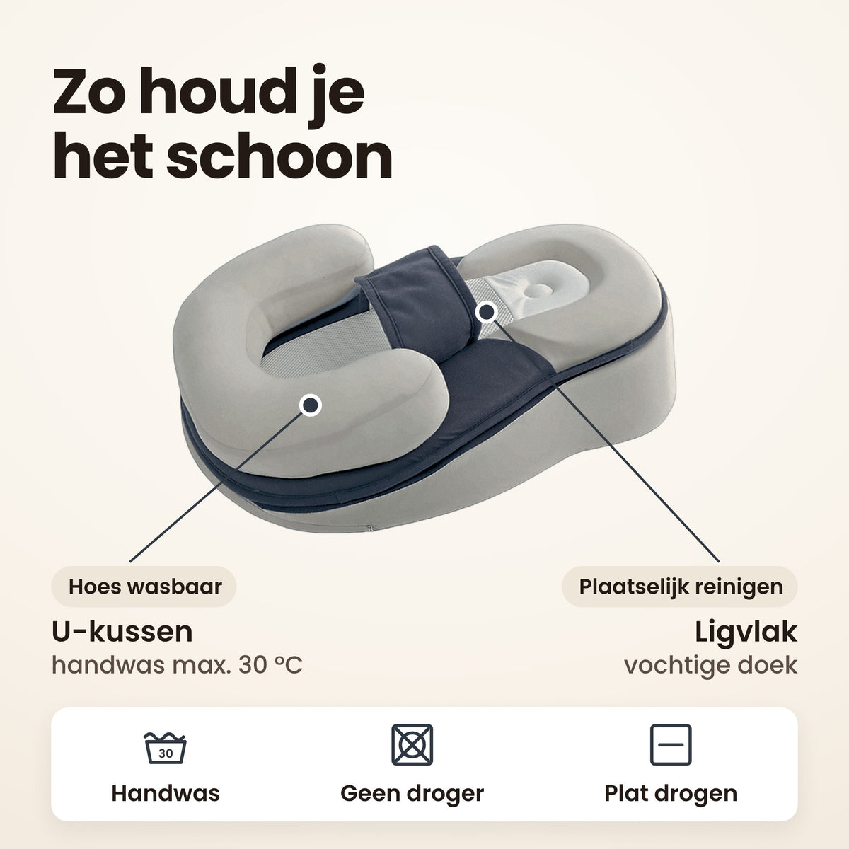 STARSTEPS® babynest grijs: zo houd je het schoon, hoes van het U-kussen met de hand wassen