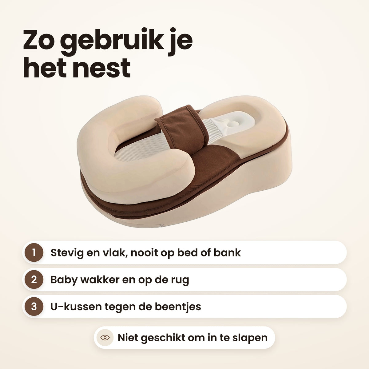 STARSTEPS® babynest crème: zo gebruik je het nest, stevig en vlak, baby wakker op de rug