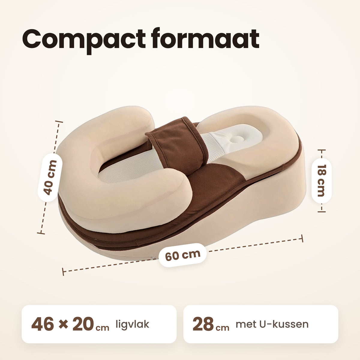 STARSTEPS® babynest crème: compact formaat 60 × 40 cm, ligvlak 46 × 20 cm, 28 cm met U-kussen