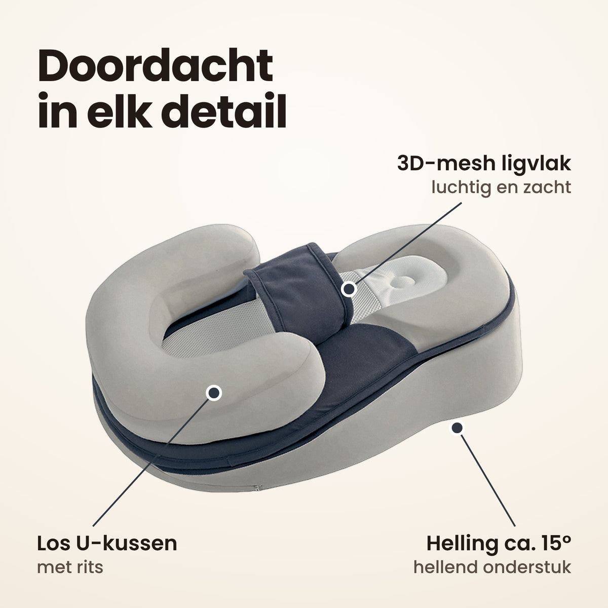 STARSTEPS® babynest grijs: los U-kussen, 3D-mesh ligvlak en helling van ca. 15°