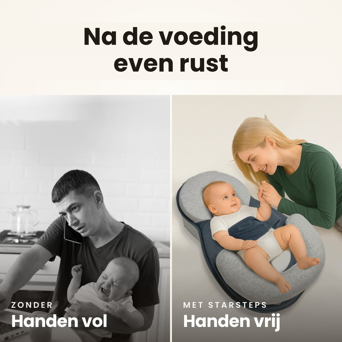 STARSTEPS® babynest grijs: na de voeding even rust, je handen vrij