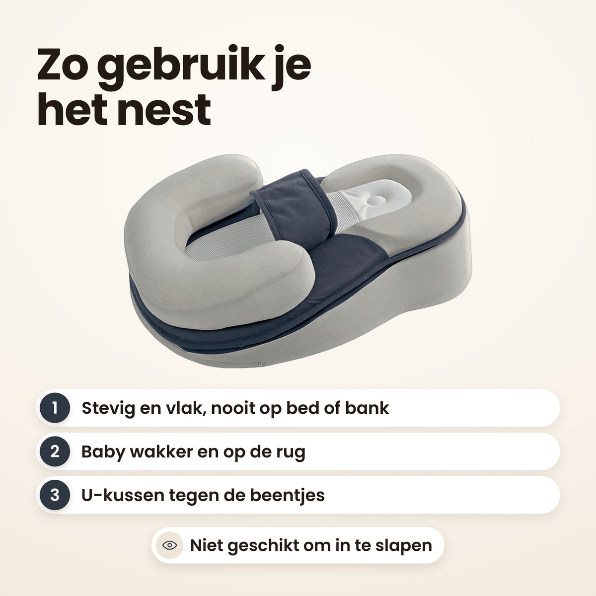 STARSTEPS® babynest grijs: zo gebruik je het nest, stevig en vlak, baby wakker op de rug
