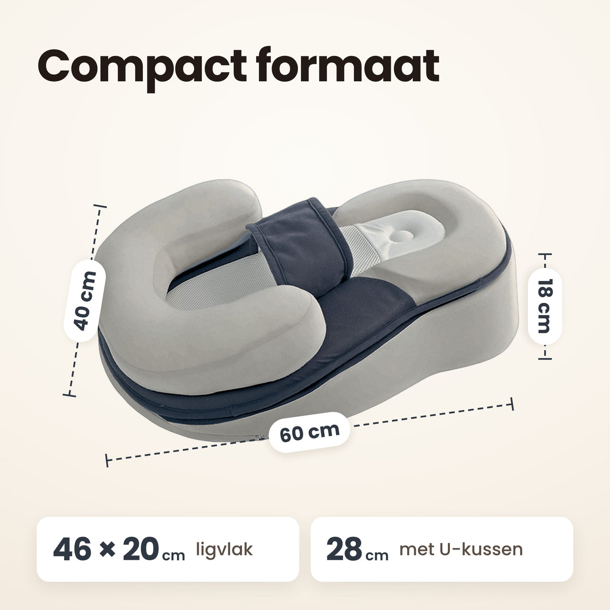 STARSTEPS® babynest grijs: compact formaat 60 × 40 cm, ligvlak 46 × 20 cm, 28 cm met U-kussen