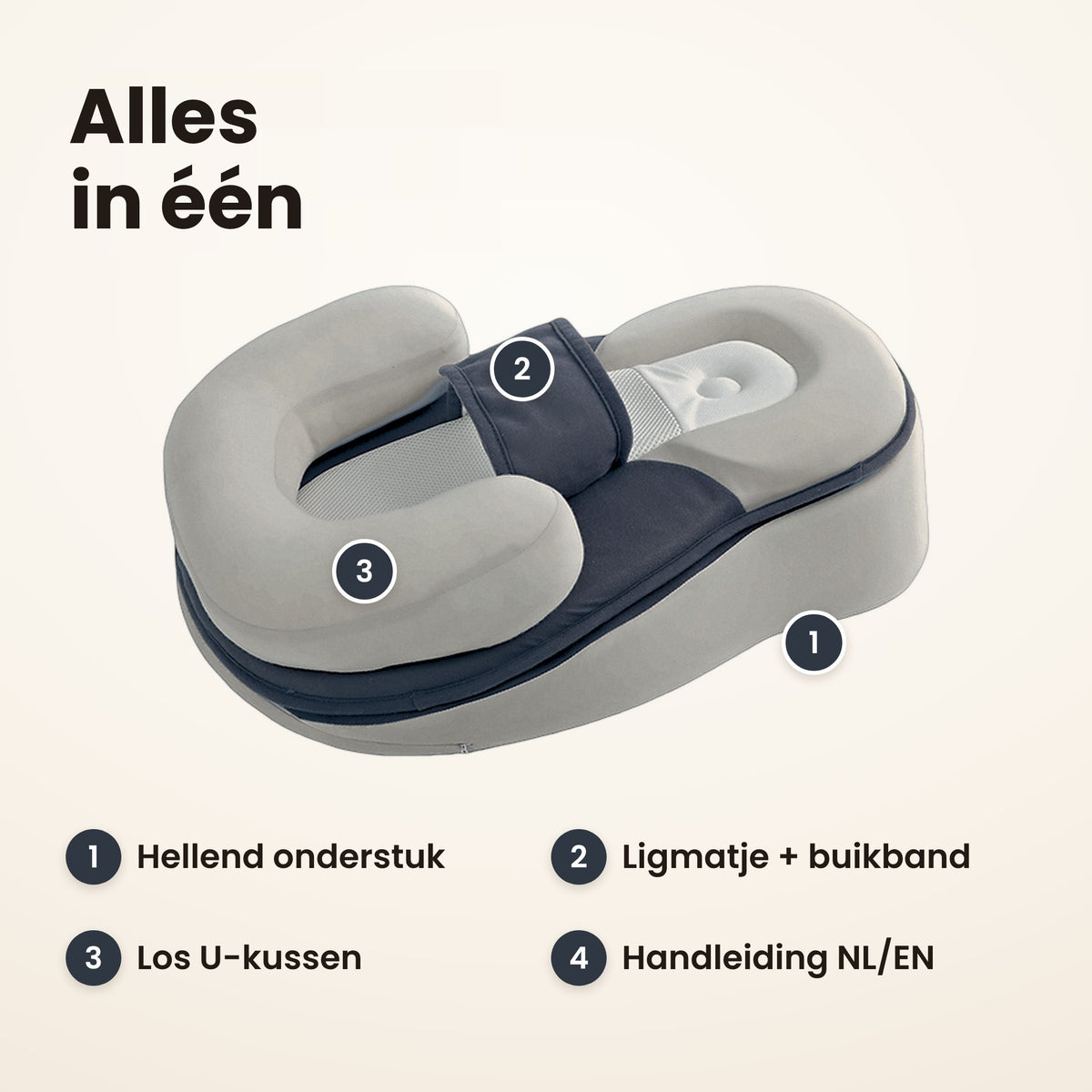 STARSTEPS® babynest grijs: alles in één, onderstuk, ligmatje met buikband, U-kussen en handleiding