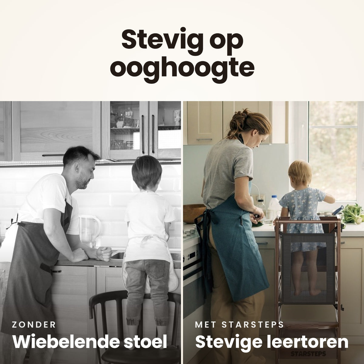 Stevig op ooghoogte: een wiebelende stoel tegenover de stevige STARSTEPS® leertoren