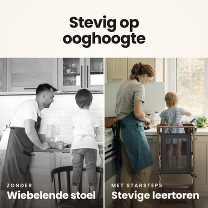 Stevig op ooghoogte: een wiebelende stoel tegenover de stevige STARSTEPS® leertoren