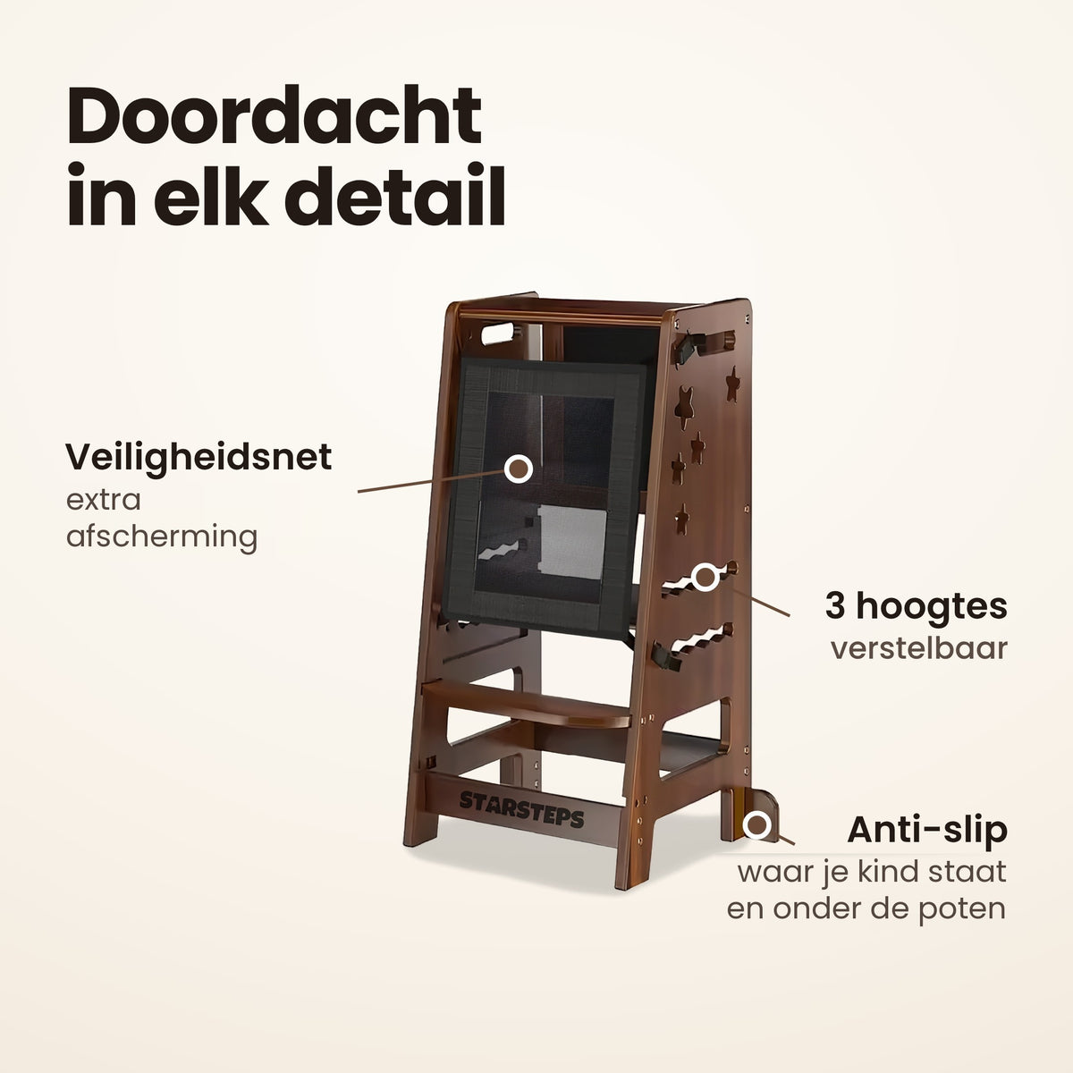 Doordacht in elk detail: veiligheidsnet, 3 hoogtes verstelbaar en anti-slip