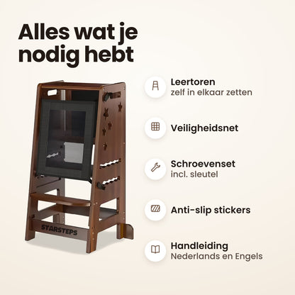 Alles wat je nodig hebt: leertoren, veiligheidsnet, schroevenset, anti-slip stickers en handleiding